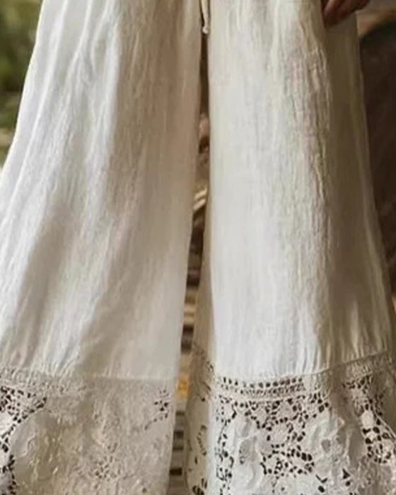 Elastic Waist Drawstring Lace Patchwork Wide Leg Pants