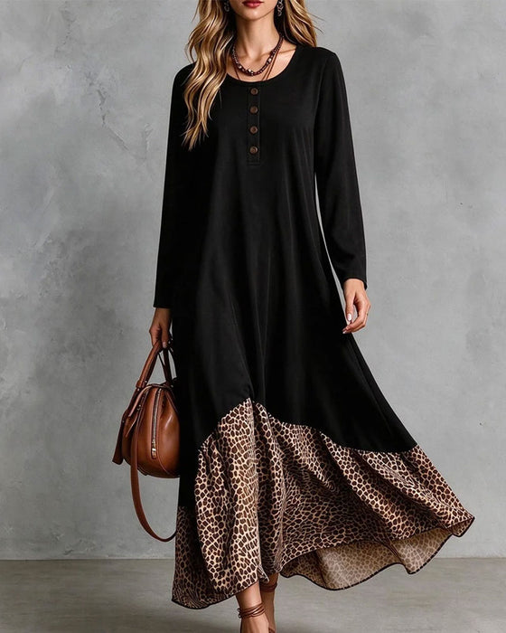 Round Neck Button Leopard Print Dress