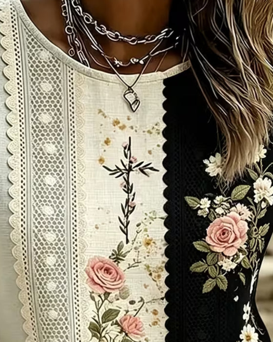 Contrast Lace Rose Print Blouse