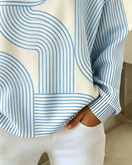 Crewneck Button Striped Loose Sweatshirt
