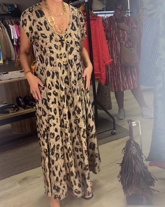 V-Neck Leopard Full Skirt Dress
