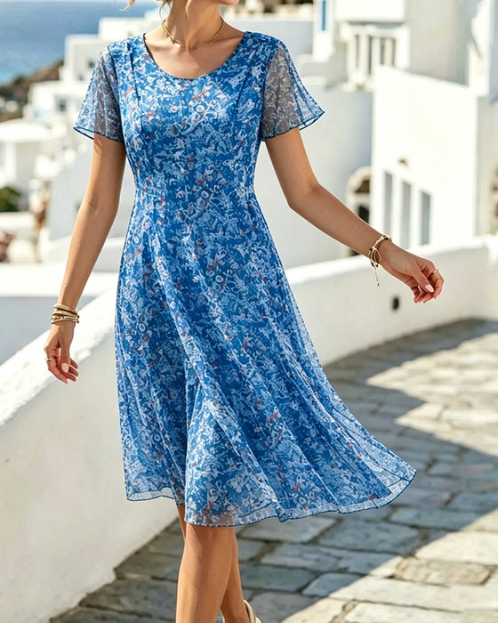 Floral Short Sleeve A-Line Dress