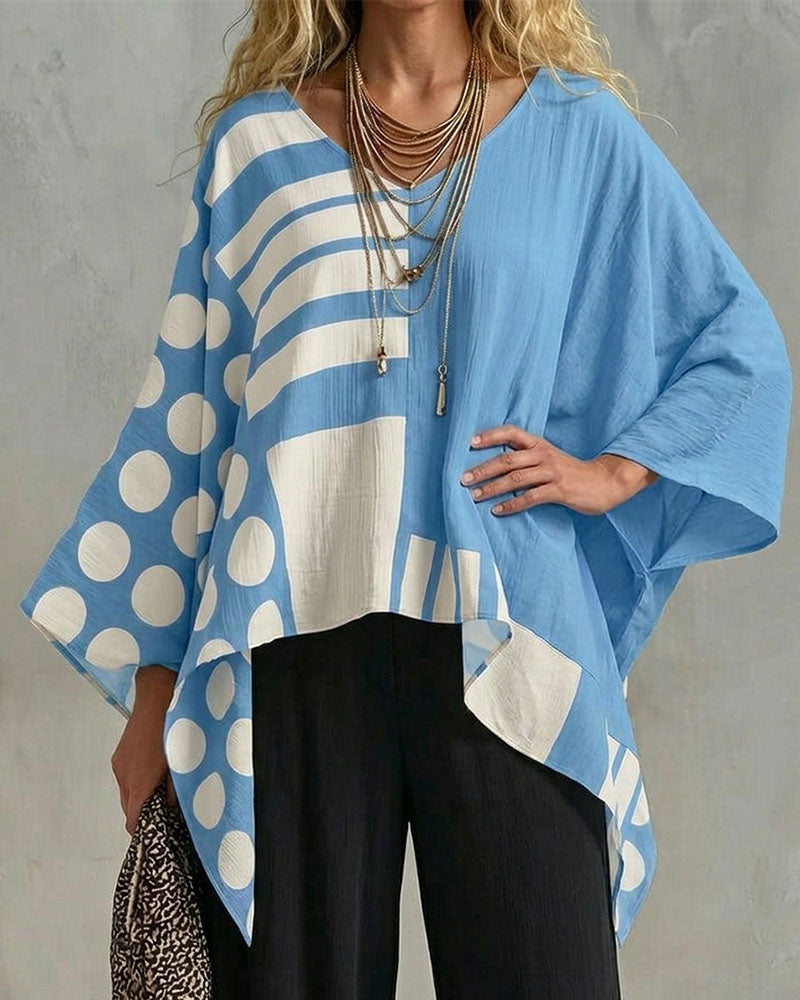 Polka Dot Stripe Patchwork V Neck Blouse
