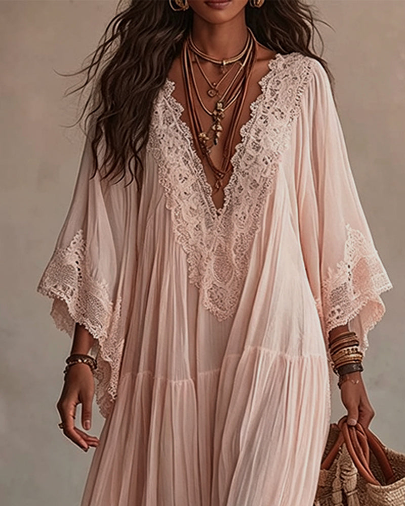 V-Neck Lace Patchwork Solid Color Dress