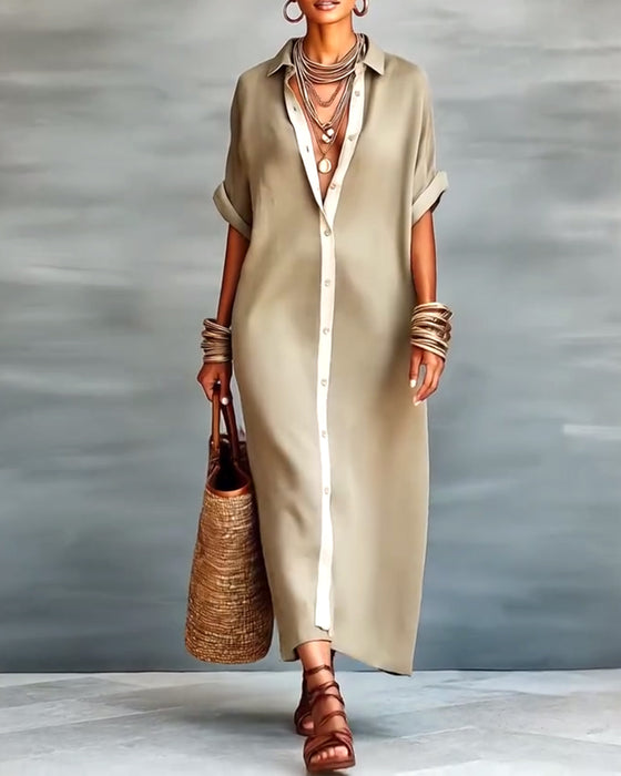 Elegant Lapel-Collar Draped Shirt Dress