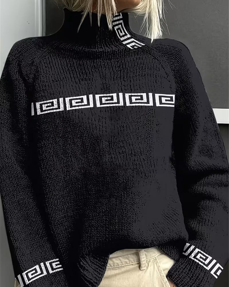 Geometric Meander Turtleneck Pullover Sweater