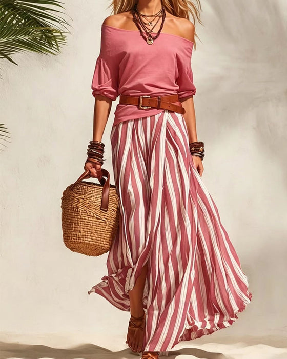 Vertical Striped Skirt Two-Piece Set