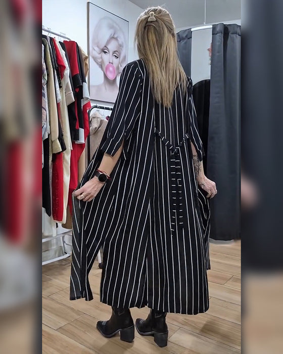 Shirt Collar Button Stripe Slit Coat