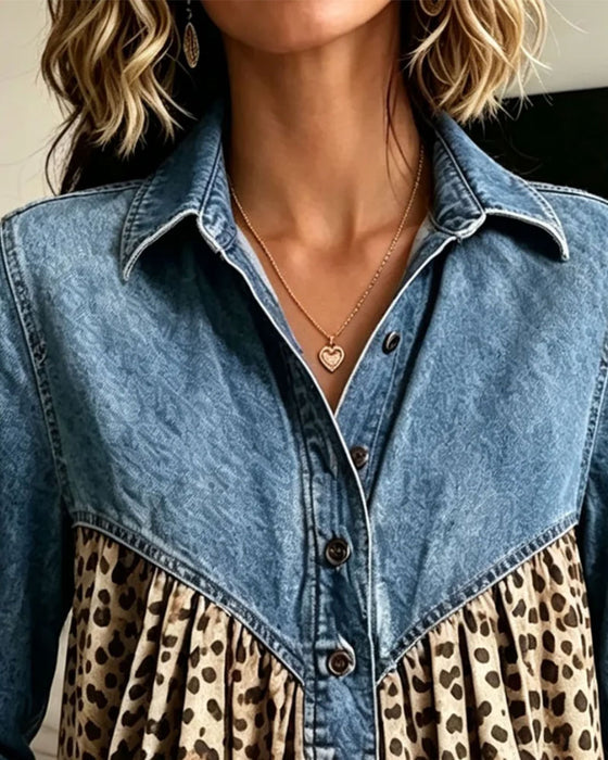 Denim Leopard Print Patchwork Lapel Top
