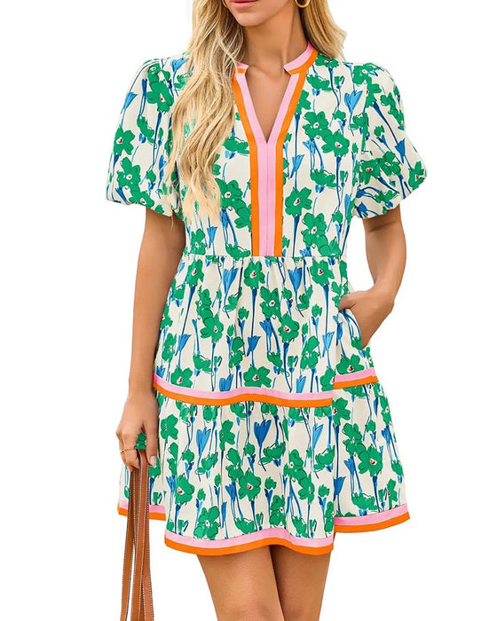 V-Neck Floral Bubble Sleeve Patchwork Dress