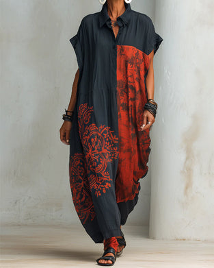 Lapel Print Loose Shirt Dress