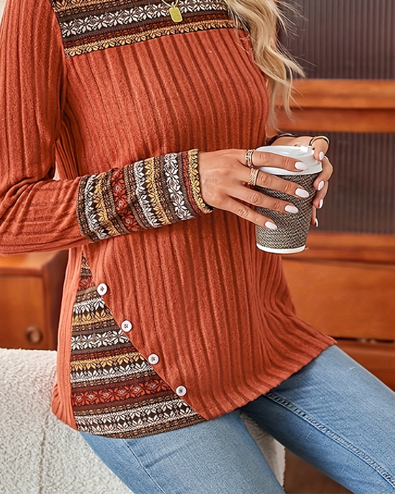 Ethnic Patchwork Ribbed Button Long Sleeve Top