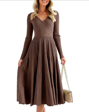 V-Neck Cross Pit Pleated Dress