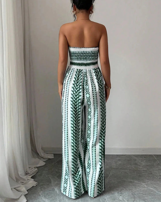Geometric Bandeau Slit Wide Leg Jumpsuit