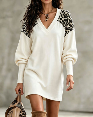 V-Neck Leopard Print Lantern Sleeve Pullover Dress