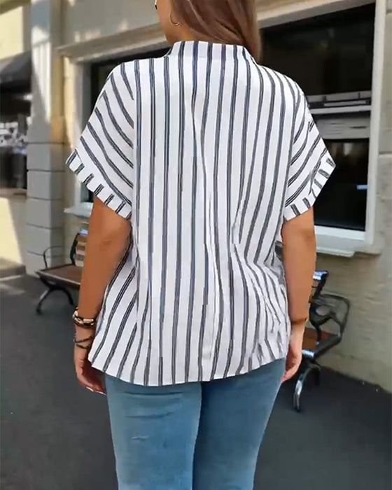 Button-Down V-Neck Striped Blouse