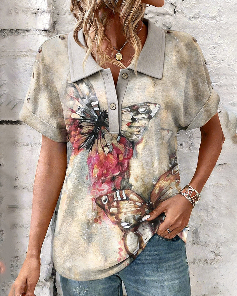 Butterfly Print Lapel Short Sleeve Shirt