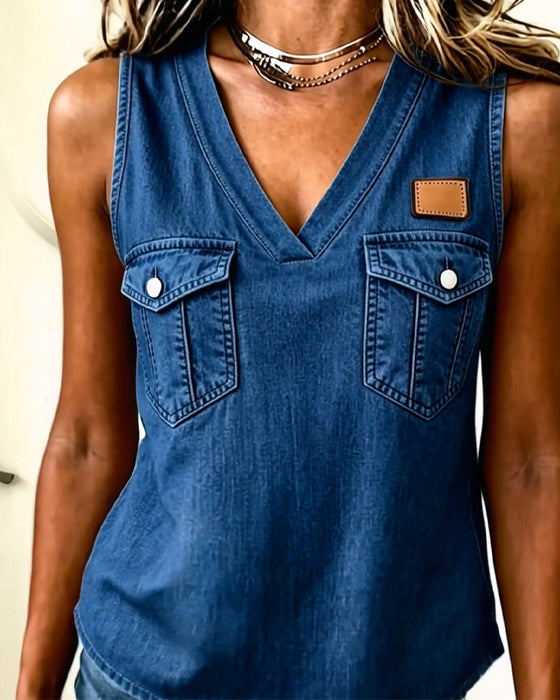 V-Neck Pocket Leather Label Tank Tops