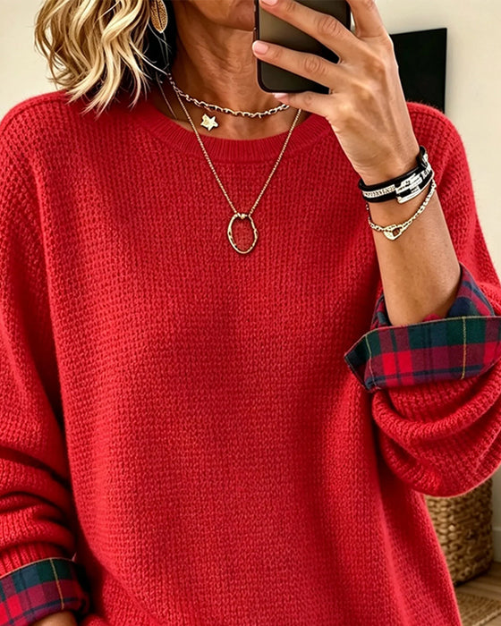 Round Neck Plaid Patchwork Fake Two Piece Pullover