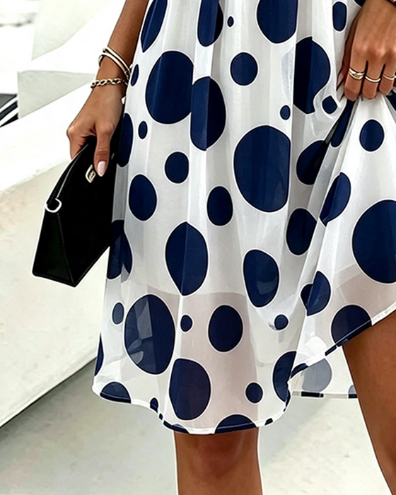 Ruffle Trim Polka Dot Shirred Dress