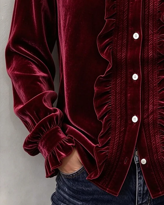 Velvet Ruffle-Trim V-Neck Long-Sleeve Blouse