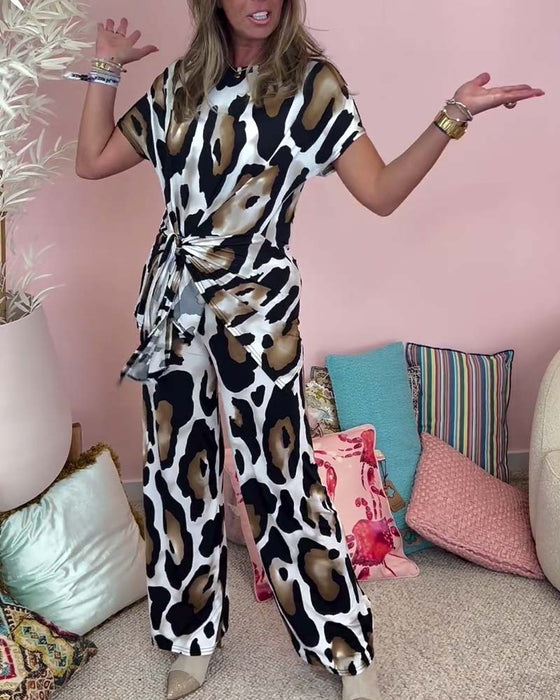 Leopard print lace-up casual two-piece set