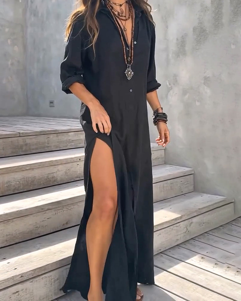 Shirt Collar Button Front Slit Solid Color Dress