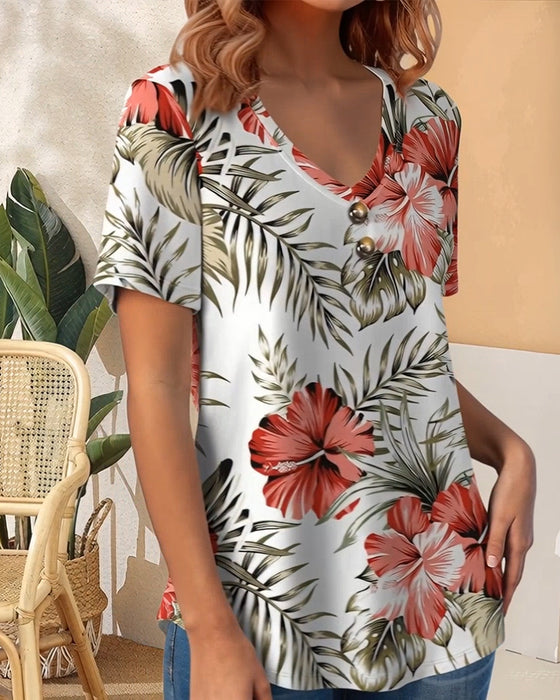 V-Neck Leaf Print Short-Sleeve T-Shirt