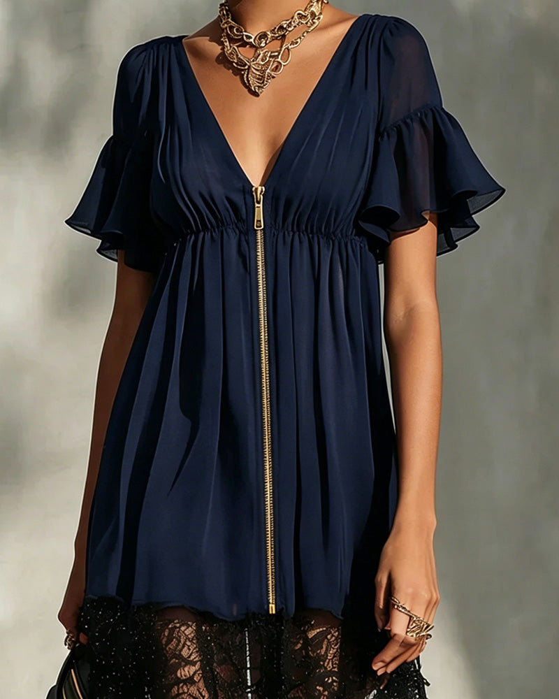 Ruffle Flare Sleeve Zipper Lace Dress