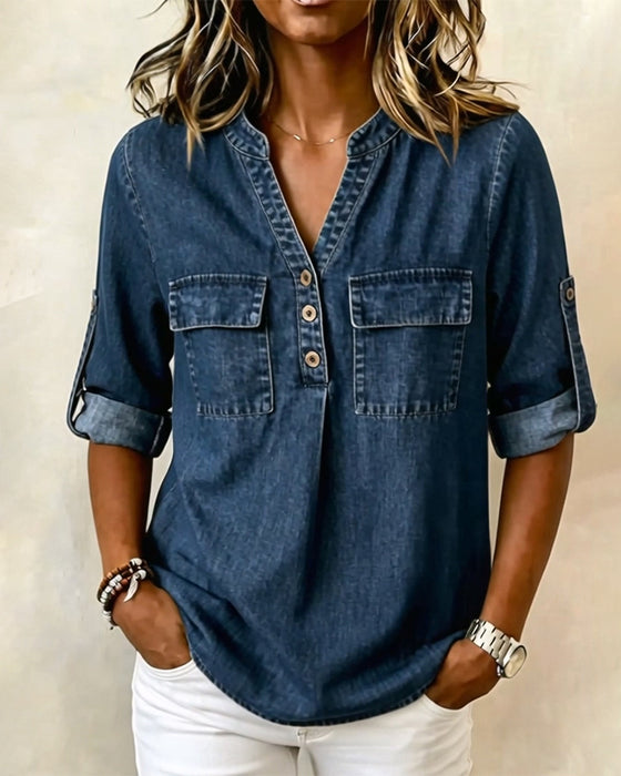 Denim V-Neck Casual Blouse