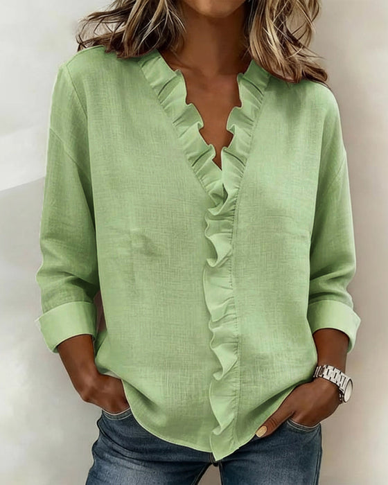 Ruffle V-Neck Long-Sleeve Blouse