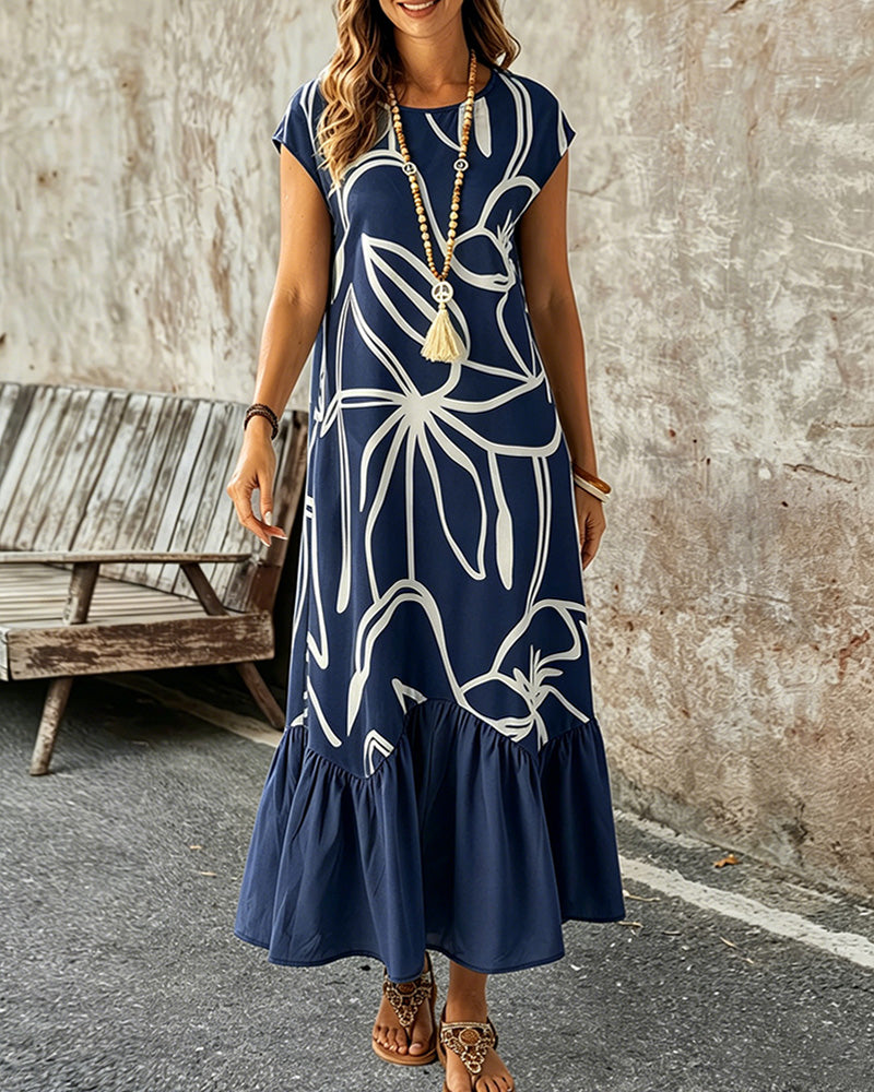 Crew Neck Geometric Print A-Line Dress