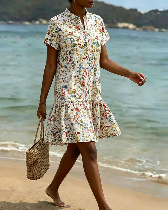 Floral Short-Sleeved Ruffle Hem Dress
