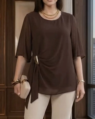 Crew Neck Shirred Casual Blouse