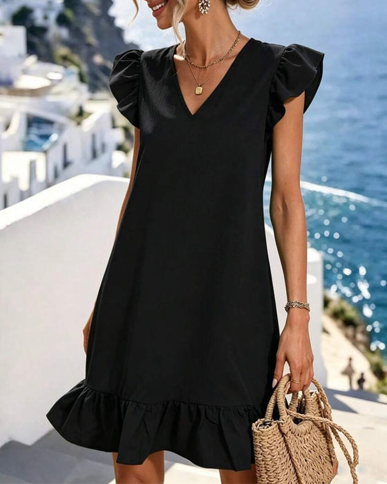 V-Neck Flutter Sleeve Ruffle Short Dresses