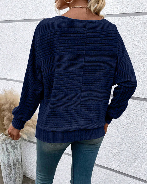 Solid Color Round Neck Long Sleeve Striped Top