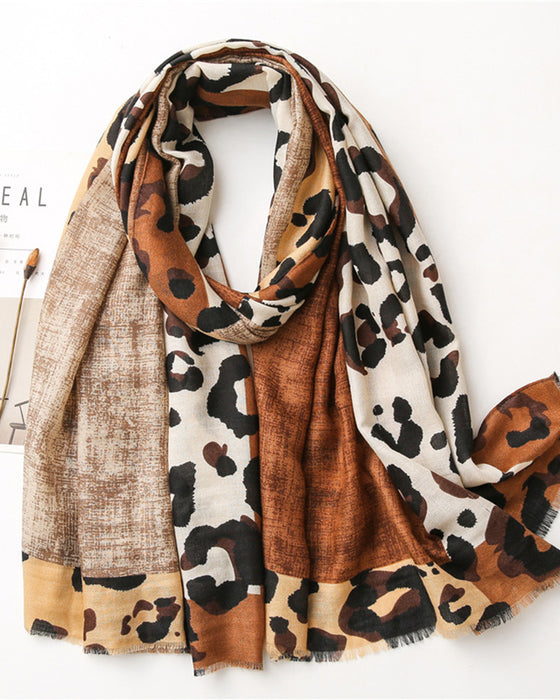 Women's Leopard Patchwork Print Fringe Shawl Scarf
