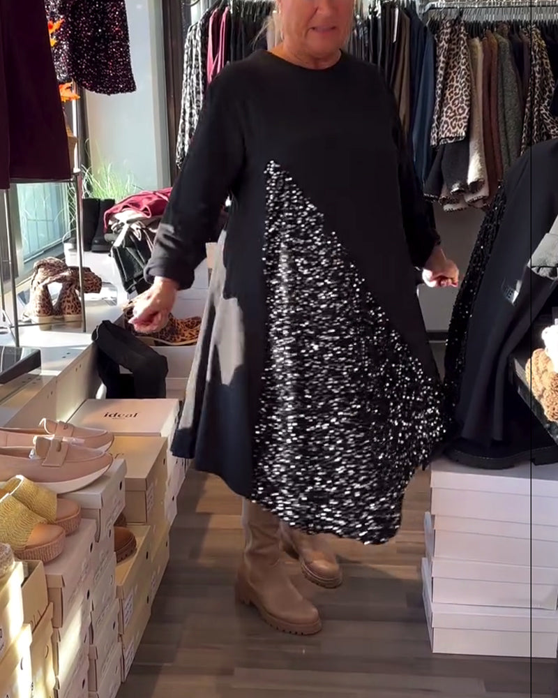 Sequin Panel Crew Neck Dress