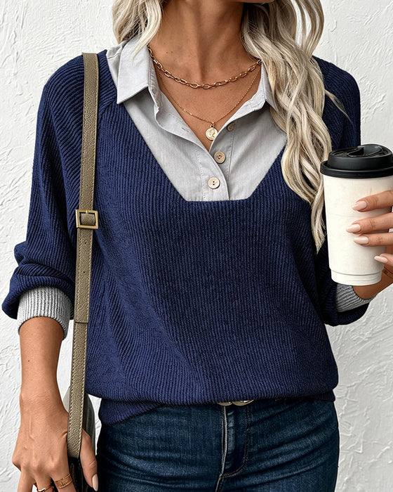 Lapel Contrasting Long-Sleeved Knit Top