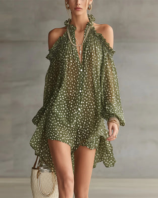 Polka Dot Halter Cold Shoulder Dress