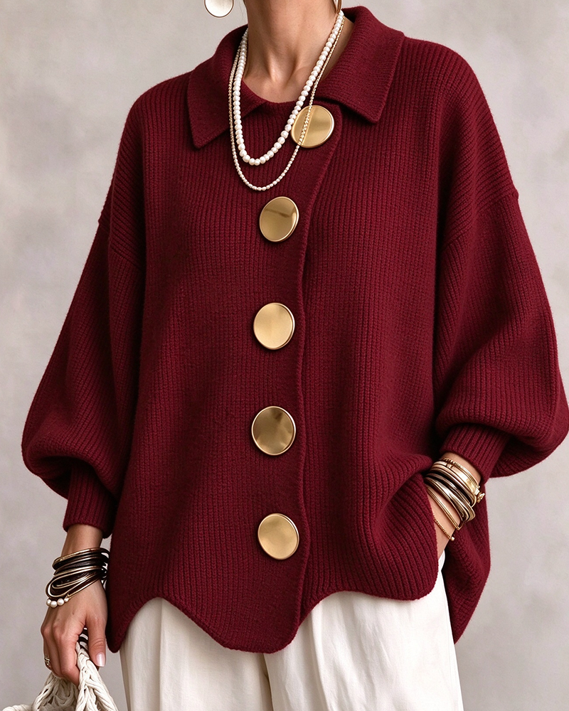 Large Metal Button Lapel Cardigan