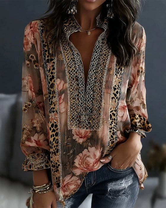 Floral Leopard Long Sleeve Blouse
