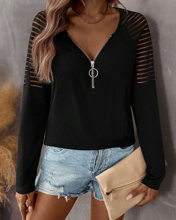 Zipper Long-Sleeve Solid Color Top