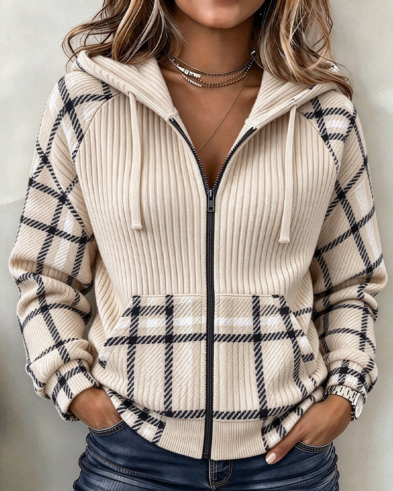 Zippered Plaid Drawstring Hooded Coat
