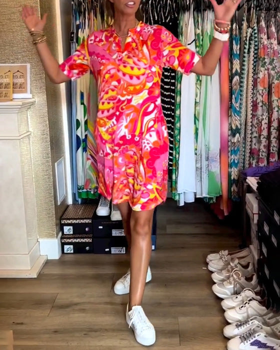 Pocket printed short sleeve dress