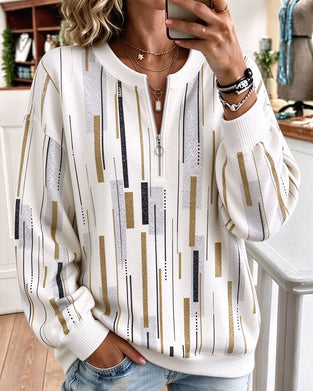 Half Zip Striped Loose Sweatshirt