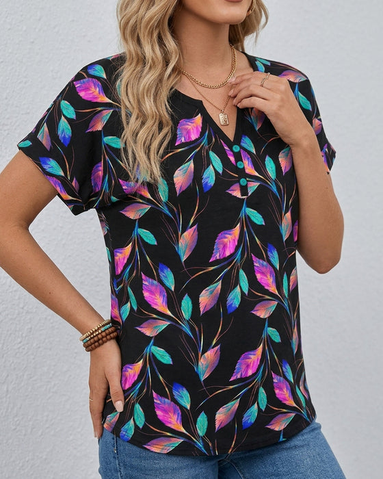 Printed Rolled Cuff V-Neck T-Shirt