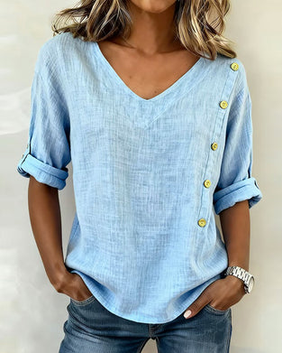 V-Neck Cotton And Linen Button-Down Top
