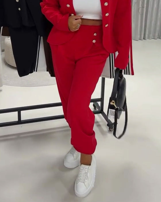 Solid Color High Waist Casual Button Pants