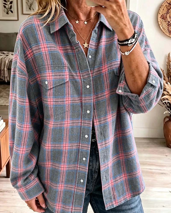 Pocket Plaid Long Sleeve Loose Shirt